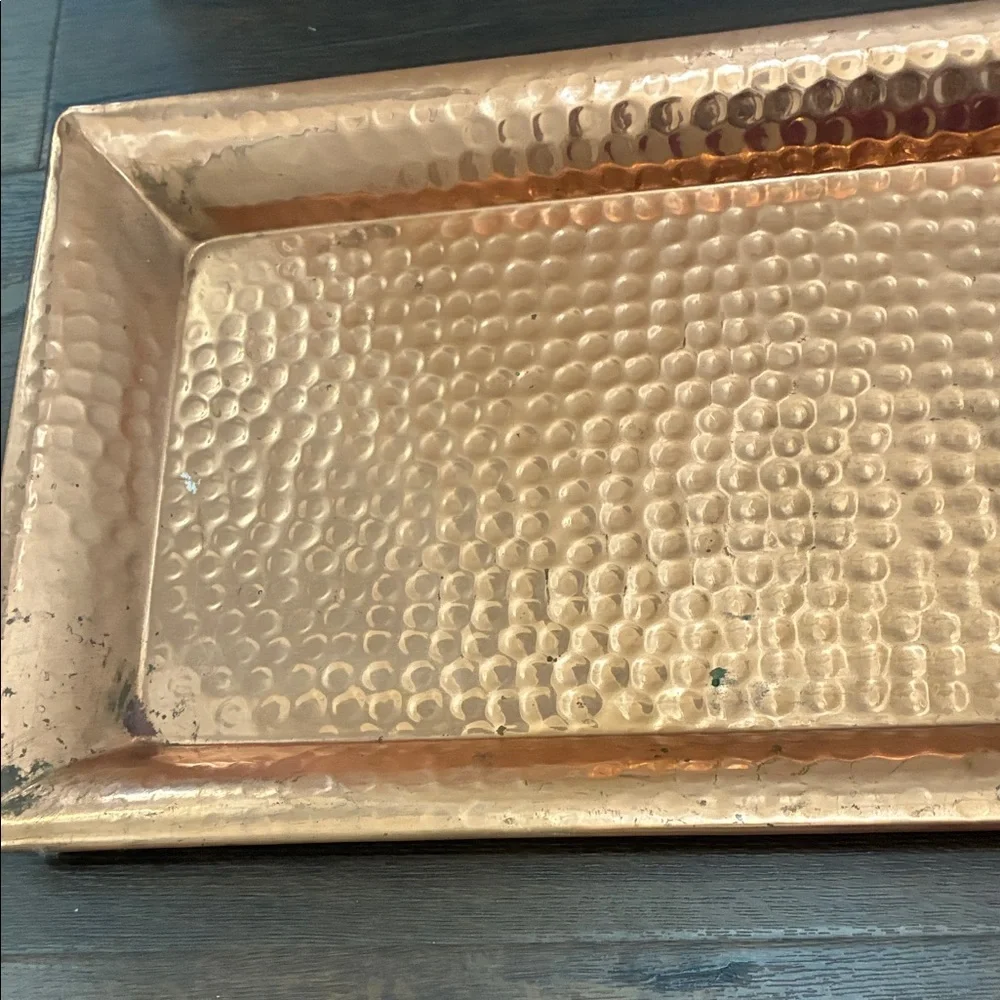 VINTAGE HAND CRAFTED ARTSAN  TRAY PLATTER SIGNED Hammered Copper Decor 28” x 14”
